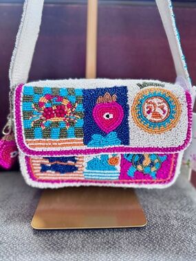 Coastal Beaded Shoulder Bag Crab Shell Beach Evil Eye Icons Matching Bag Charm